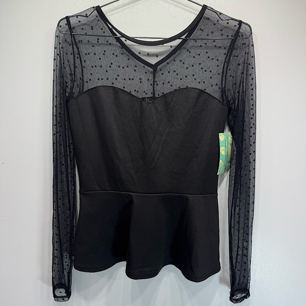 Black Sheer Polka Dot Lace Peplum Top Sweetheart Bodice Rock Steady Whimsigoth